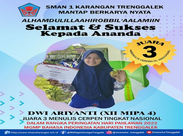 DWI ARIYANTI RAIH &ldquo;JUARA 3&rdquo; LOMBA MENULIS CERPEN TINGKAT NASIONAL