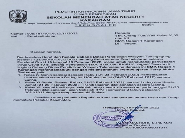 Pengumuman kegiatan PTM Terbatas di SMAN 1 KARANGAN